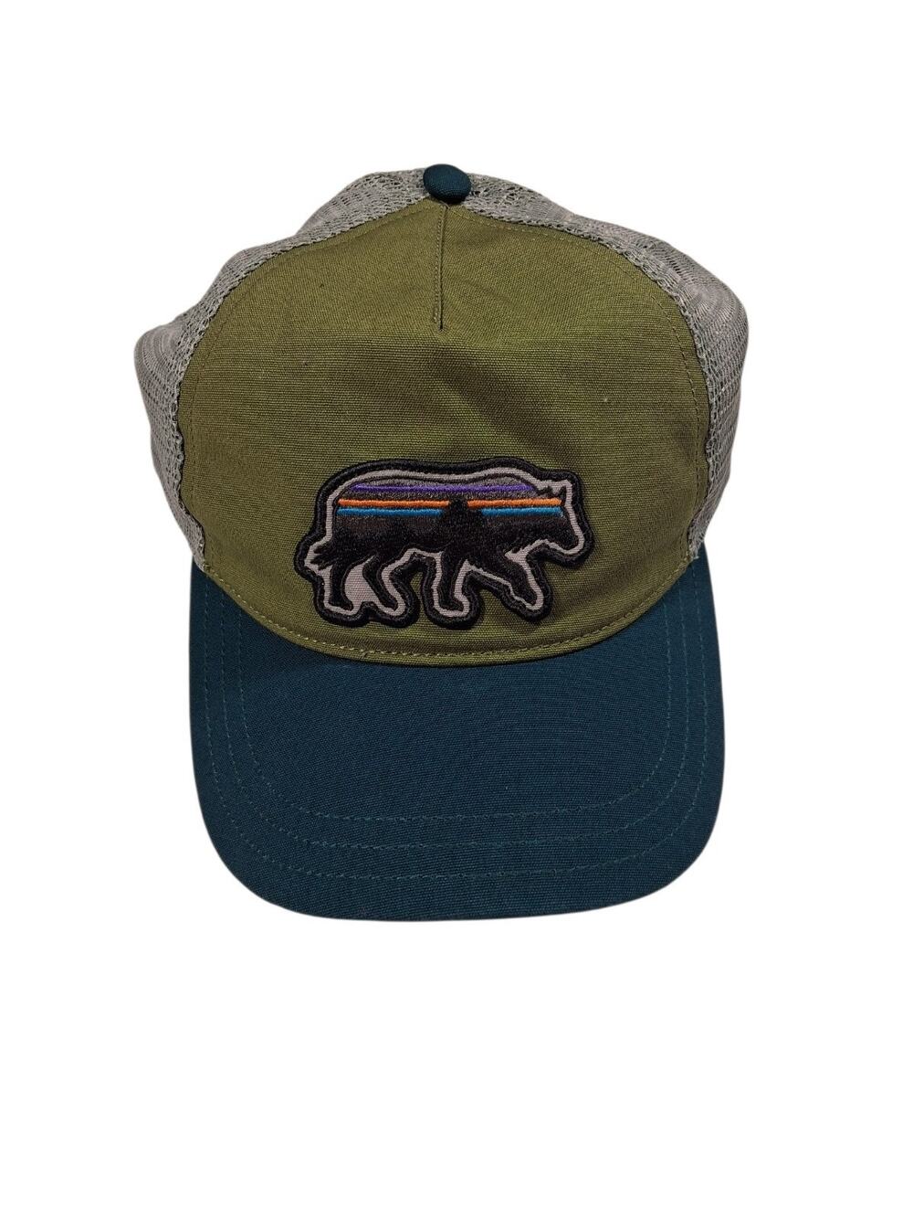 Patagonia Fitz Roy Bear Trucker Hat Snapback Mesh Olive Green Blue Adjustable